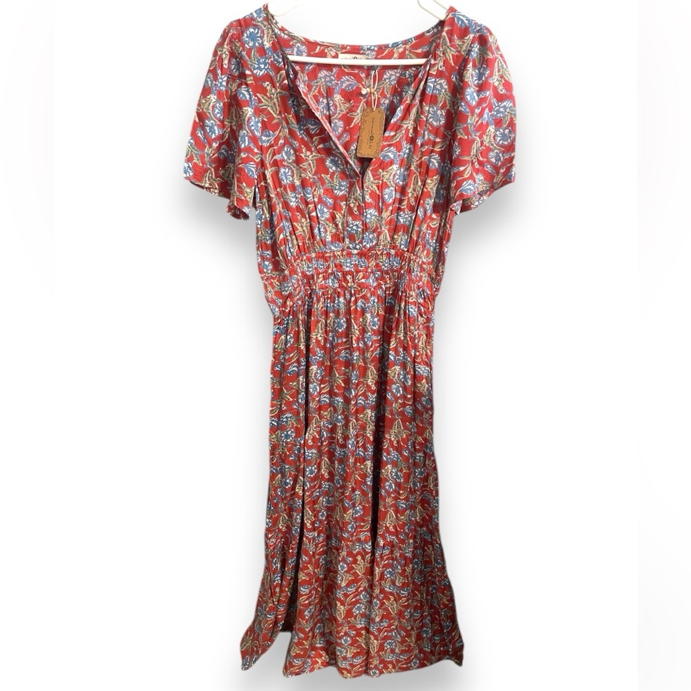 Natural Life Bella Maxi Dress Red Olive Leaf Floral Bohemian Viscose - M